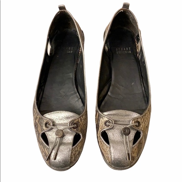 Stuart Weitzman Metallic Snakeskin Loafer Flats - Picture 1 of 13